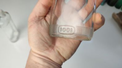 224 - Set of 2 Vintage 1001 Carpet Cleaner Clear Glass Decorative Collectible Bottles