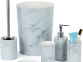 Stylish 6pc Bathroom & Sink Accessory Set - Modern Vanity Organiser Kit Include Tumbler, Toothbrush & Toilet Brush Holder, Lotion Dispenser, Soap Dish & Trash Bin (White Marble)
