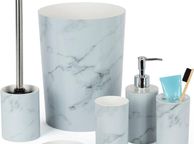 main image for ad Stylish 6pc Bathroom &amp; Sink Accessory Set - Modern Vanity Organiser Kit Include Tumbler, Toothbrush &amp; Toilet Brush Holder, Lotion Dispenser, Soap Dish &amp; Trash Bin (White Marble)