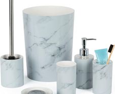 Stylish 6pc Bathroom & Sink Accessory Set - Modern Vanity Organiser Kit Include Tumbler, Toothbrush & Toilet Brush Holder, Lotion Dispenser, Soap Dish & Trash Bin (White Marble)