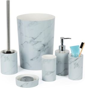 Stylish 6pc Bathroom & Sink Accessory Set - Modern Vanity Organiser Kit Include Tumbler, Toothbrush & Toilet Brush Holder, Lotion Dispenser, Soap Dish & Trash Bin (White Marble)