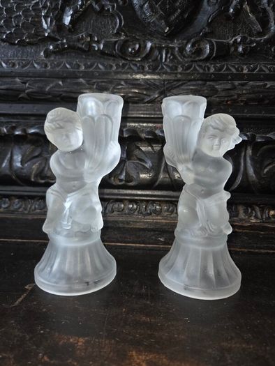 Pair of Art Deco Frosted Glass Candleholders