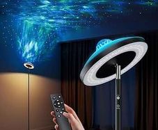 Uplighter Floor Lamp with Aurora Projector, Dimmable LED Floor Standing Reading Lamps Remote & Touch Control, Black Corner Ambient Lamp, Mood Lighting Night Light for Living Room, Kids Bedroom