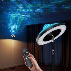 Uplighter Floor Lamp with Aurora Projector, Dimmable LED Floor Standing Reading Lamps Remote & Touch Control, Black Corner Ambient Lamp, Mood Lighting Night Light for Living Room, Kids Bedroom