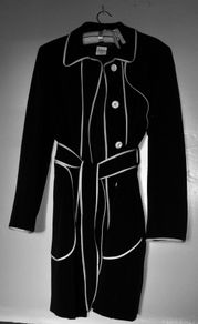 Harve Benard Raincoat, Womens Small, Black w White Piping, belted, knee-length