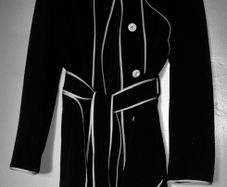 Harve Benard Raincoat, Womens Small, Black w White Piping, belted, knee-length