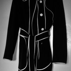 Harve Benard Raincoat, Womens Small, Black w White Piping, belted, knee-length