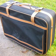 Large Navy Blue Suitcase with Brown Straps