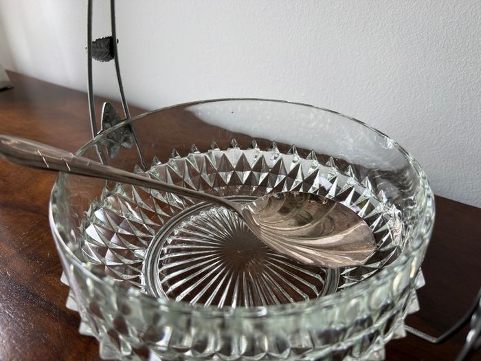 Vintage Cut Glass Serving Bowl with Decorative Stand & EPNS Spoon