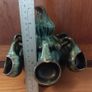 Fabulous Gourd Shaped Bulgarian Pottery Bottle in Brown with Mint Green Drip Glaze, with Five Matching Hanging Cups Image 10