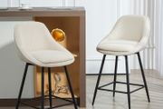 Set of 2 Corduroy Velvet Bar Stools with Curved Backrest and Footrest Cream