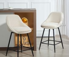 Set of 2 Corduroy Velvet Bar Stools with Curved Backrest and Footrest Cream