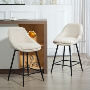 Set of 2 Corduroy Velvet Bar Stools with Curved Backrest and Footrest Cream