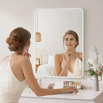 55 x 75cm Rectangle Mirror, Rectangular Hanging Wall Mirror - Home Decorative Wall Mounted Vanity Mirror for Bathroom, Dressing Room & Living Room, White