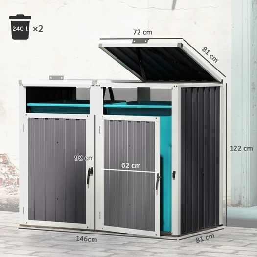 Shelter for 2 x 240 L Bins Outdoor Bin Cover 180 Lift-Up Lid Galvanized Steel 146x81x122cm Dark Gray