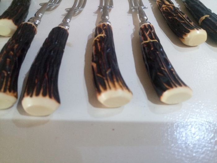Antique Set of 4 Genuine Stag/Antler Handle Steak Knives and Forks. Made In Sheffield England