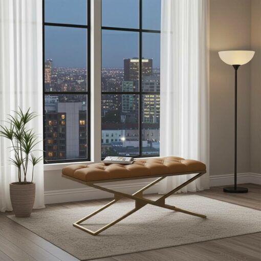 Metal frame bench with velvet seat