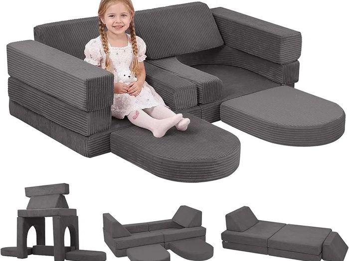 Corduroy Kids Play Sofa, 10-Pieces Toddler Chair, Light Grey Fold Out Bed Foam Modular Couch for Girls Boys, Convertible Armchair Children Sectional Playset for Playroom