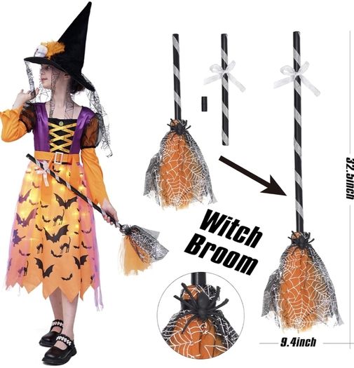 Witch costume with lights, Halloween, girl costume, carnival, cosplay, princess dress with witch broom and hat