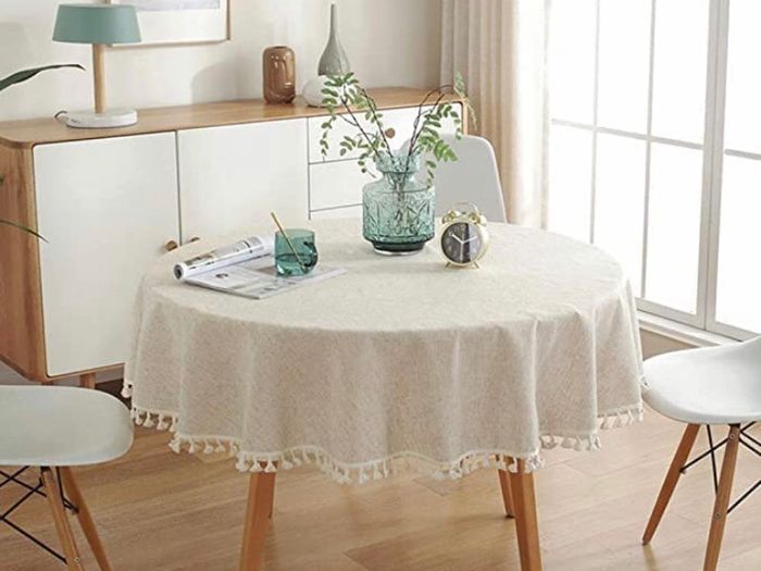 Cotton Linen Table Cloth Solid Color Tassel Round Tablecloth Dust-Proof Shrink-Proof Table Cover (Beige, Round 150cm)