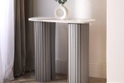 Wooden Console Hallway Table, White Marble Top Slim Console Table Grey Madison Ribbed Wood Frame Decorative Display Table for Living Room Entryway Small Spaces