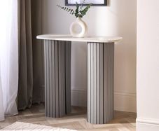 Wooden Console Hallway Table, White Marble Top Slim Console Table Grey Madison Ribbed Wood Frame Decorative Display Table for Living Room Entryway Small Spaces