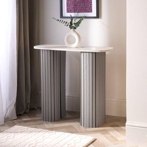 Wooden Console Hallway Table, White Marble Top Slim Console Table Grey Madison Ribbed Wood Frame Decorative Display Table for Living Room Entryway Small Spaces