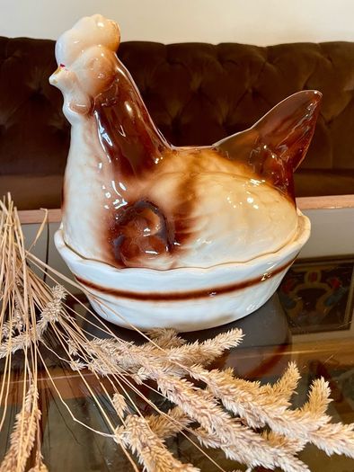 Vintage Rustic Cream Ceramic Hen on Nest Egg Keeper Storage Jar