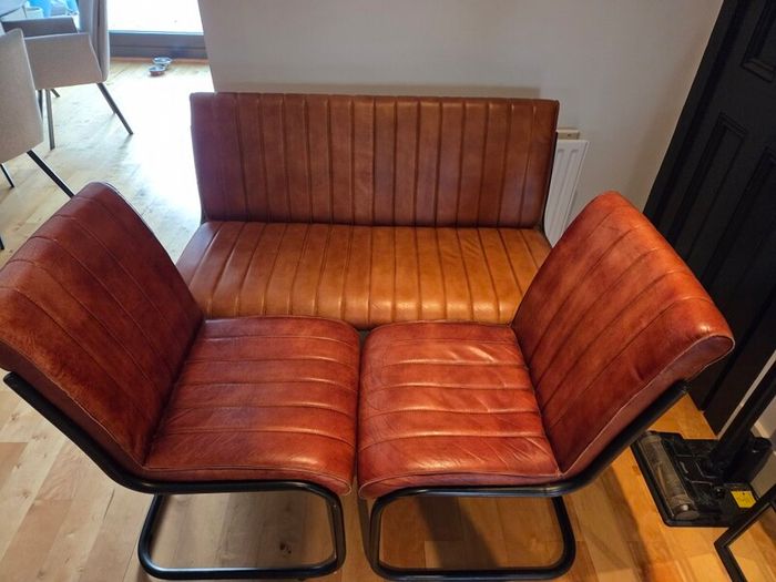 Tan Faux Leather Bench & 2 Matching Chairs Set