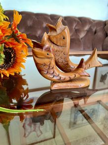 MCM Retro Carved Pair Wooden Koi Fish Cocktail Stick Holders with Black Eyes Kitschy Vintage