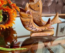 MCM Retro Carved Pair Wooden Koi Fish Cocktail Stick Holders with Black Eyes Kitschy Vintage