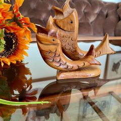 MCM Retro Carved Pair Wooden Koi Fish Cocktail Stick Holders with Black Eyes Kitschy Vintage