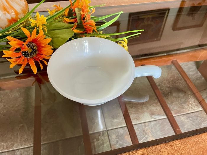 Vintage Mid Century Anchor Hocking Fire King Ovenproof Milk Glass Bowl with Handle 1960 1970s