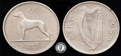 [#190] - Ireland 1959 | 6 Pence | Irish 6d | Wolfhound | KM.13a