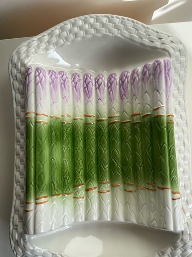Vintage French Majolica Asparagus Dish Barbotine Serving Platter Green White