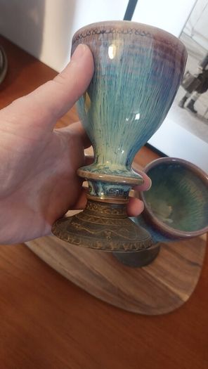 Wonderful Pair of Studio Art Pottery Goblets by Martin Branch Lyre Pottery, Cloncorban, Rossmore, Clonakilty, West Cork in a Fabulous Colourful Variegated Glaze. Pair One