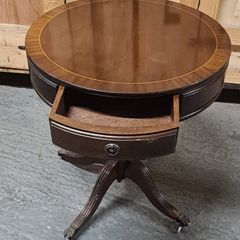 Classic Vintage Round Drum Table with Drawer and Castors
