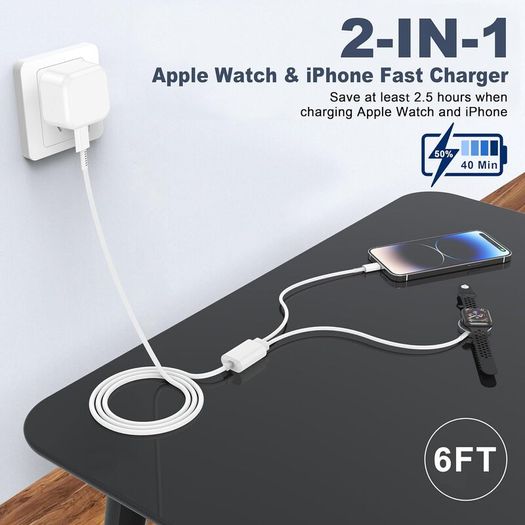 Apple Watch Charger,2-in-1 USB C Cable for iWatch & iPhone,2M Fast Charging Cable with 20W Wall Charger for Apple Watch Series 11/10/9/8/7/SE/Ultra & iPhone14/13/12/AirPods