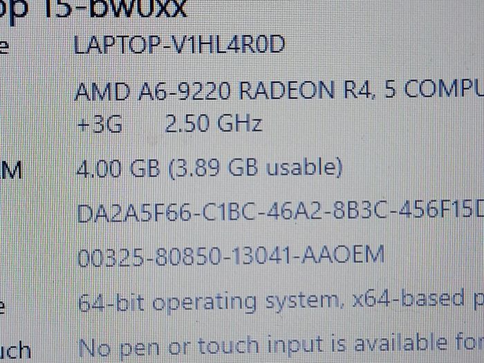 HP 15.6 inch Laptop, Model 15-bw066sa, AMD A6-9220 Radeon R4, 5 Compute Cores 2C + 3G, 2.5GHz, 4GB Ram, 1 Terrabyte HDD,Windows 10, Microsoft Edge, Chrome and VLC