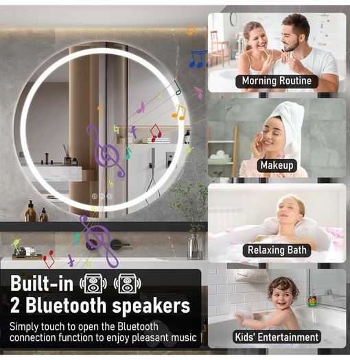 Bluetooth LED Bathroom Wall Mirror with LED Lights - 800mm Round Anti-Fog Vanity Mirror