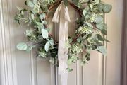 New bespoke very rustic 60cm diameter twig and seeded eucalyptus wreath with brown stripe bow