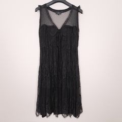Miss June Black Floral Lace & Sheer Polka Dot Mesh Tiered Sleeveless Midi Dress 12UK/40EU