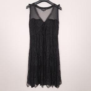 Miss June Black Floral Lace & Sheer Polka Dot Mesh Tiered Sleeveless Midi Dress 12UK/40EU