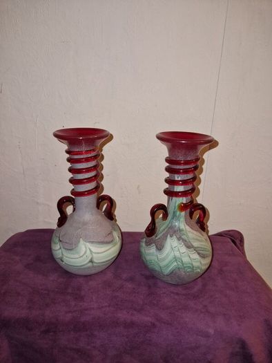 1960's pair Spanish Lafiore Scavo glass vases