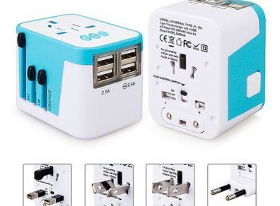 New GEO Smart Travel Adapter with 4 USB Charging Ports, All-In-One Universal Plug / Safe Wall Charger with USB Surge Protection - 1 YEAR GUARANTEE