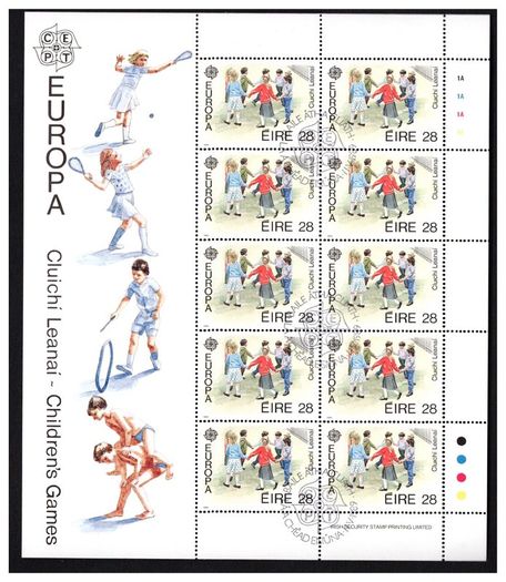 1989 Ireland Europa (Children's Games) Stamp Sheetlet with Baile Atha Cliath (Dublin) First Day cancel of 11/05/1989