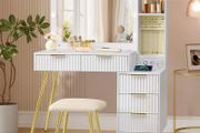 Dressing Table with LED Mirror, Drawers &amp; Stool White &amp; Gold
