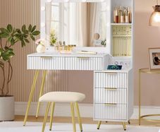 Led Dressing Table with Stool and Mirror, Dressing Table with Drawers, Cosmetic Table, 10x Magnifying Mirror, LED Lights, Jewellery Tray, Charging Station, 40 x 110 x 135 cm
