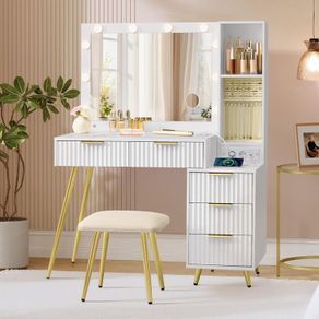 Led Dressing Table with Stool and Mirror, Dressing Table with Drawers, Cosmetic Table, 10x Magnifying Mirror, LED Lights, Jewellery Tray, Charging Station, 40 x 110 x 135 cm