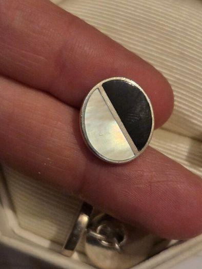 Vintage 925 Sterling Silver Mother of Pearl and Onyx Face Cufflinks with Chain Link